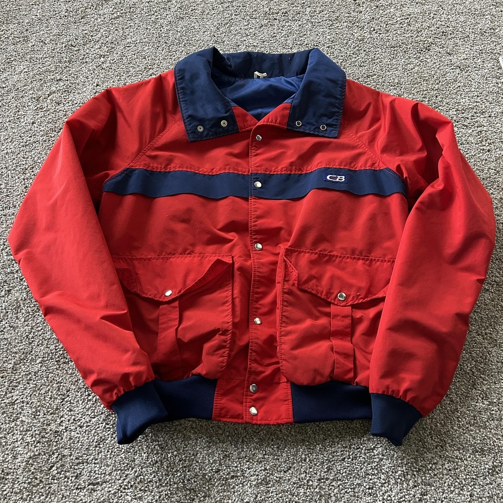 Vintage CB Sports Jacket Mens Medium Red Nylon Bomber Insulated Lined Winter